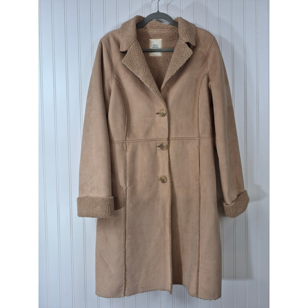 Old Navy Tan Faux Suede Sherpa Lined Trench Coat Jacket Large Camel Womens